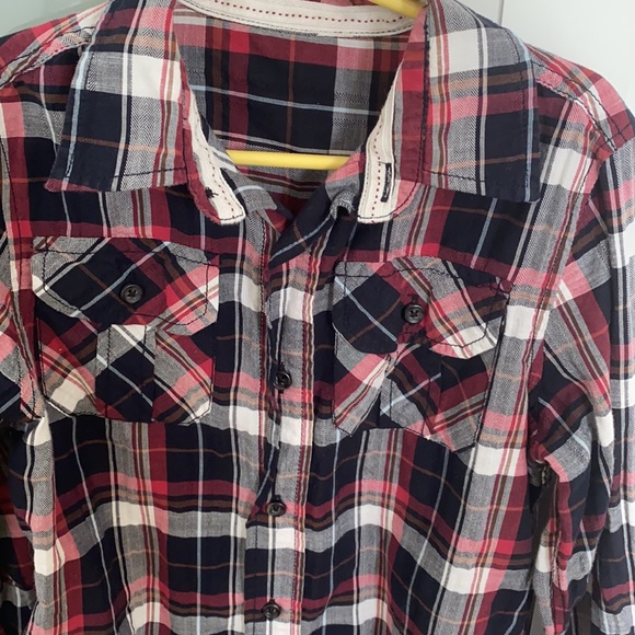 Red, black and white plaid button up collard shirt - Picture 2 of 7